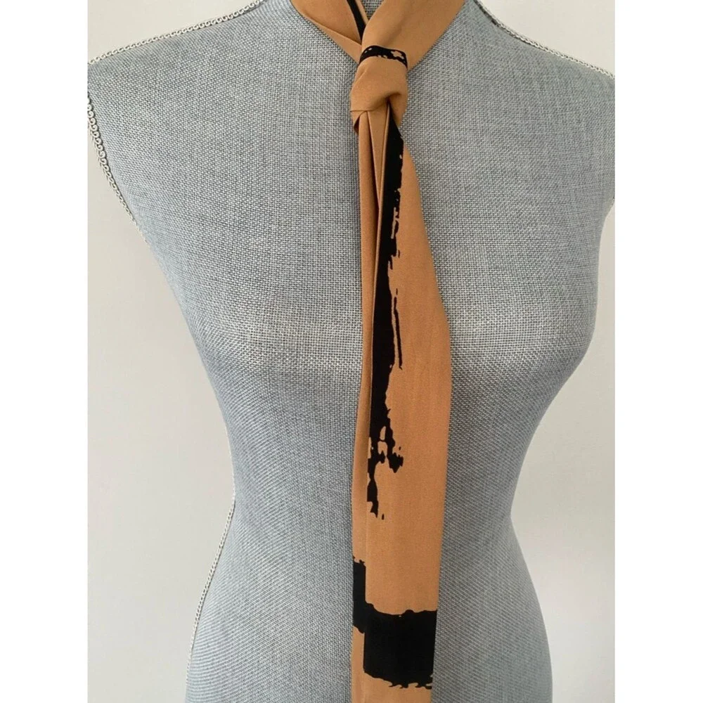 Skinny Scarf Tie in Camel Brown & Black Abstract Print Effortlessly Chic Minimal